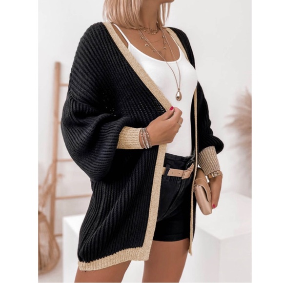 Black With Tan Contrast Trim Open Front Lantern Sleeve Cardigan Sweater - Picture 2 of 5